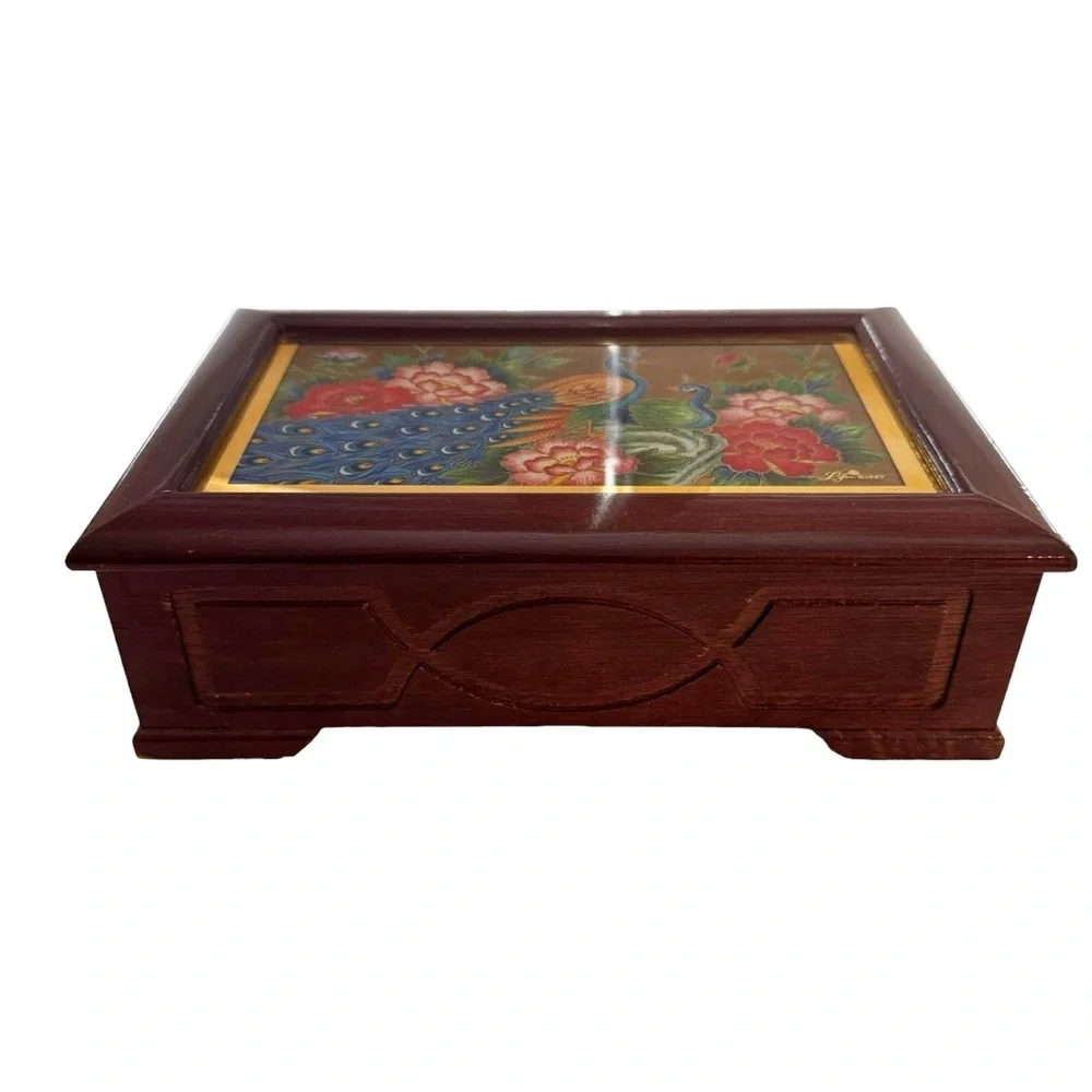 Renaissance jewelry Music Box Wood LEFTON China Peacock Floral Vintage 1987